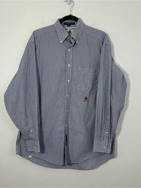Tommy Hilfiger Men’s 15.5 34 Blue White Striped Crest Button Down 100% Cotton